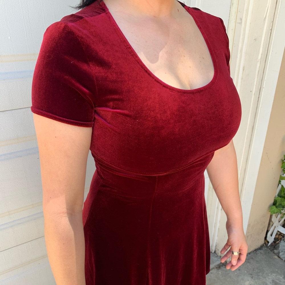 Red Burgundy vintage 90s velvet skater dress - Picture 3 of 7